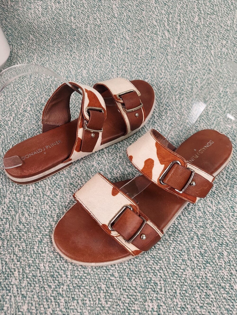 Donald J. Pliner Brown and Cream Cowhide Buckle Slide Sandals, Sz 9.5